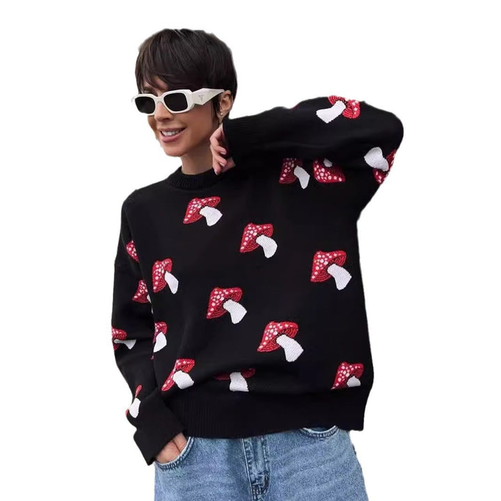 Damen weiter Strickpullover mit Pilzmotiv Rundhals Rippbündchen Drune