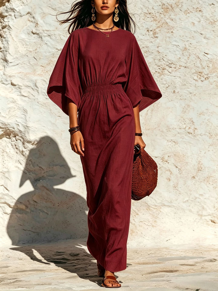 Damen Maxikleid mit Fledermausärmeln und geraffter Smock-Taillierung Drune