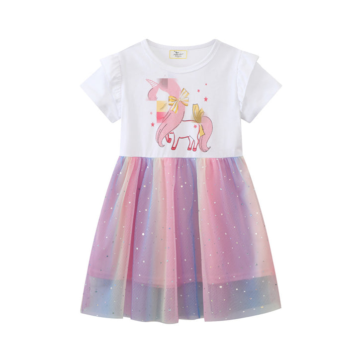 Mädchen Tüllkleid mit Einhorn-Applikation und buntem Glitzertüll Drune