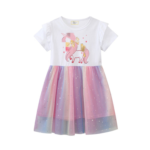 Mädchen Tüllkleid mit Einhorn-Applikation und buntem Glitzertüll Drune