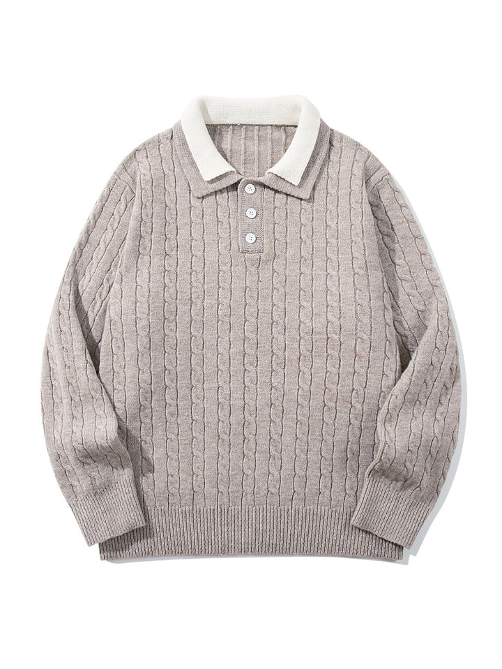 Unisex Polo-Strickpullover mit Zopfstrick und Kontrastkragen Drune