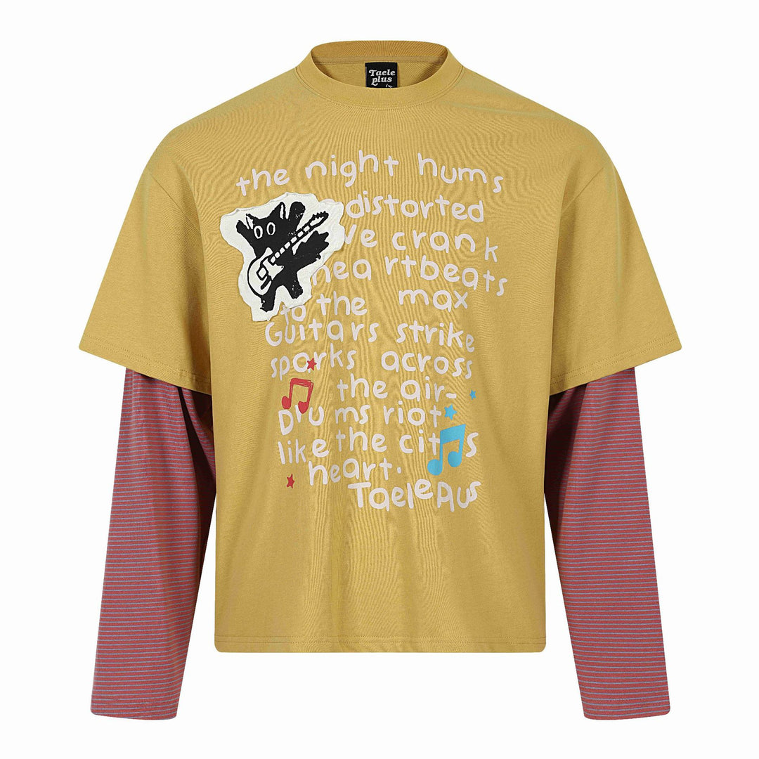 Unisex Lagenlook-Longsleeve-T-Shirt mit aufgesetztem Kurzarm-Layer und Grafikprint Drune