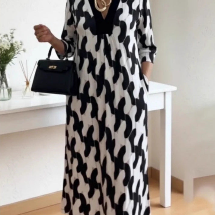 Damen lässiges Maxikleid mit elegantem V-Ausschnitt und praktischen Seitentaschen Drune