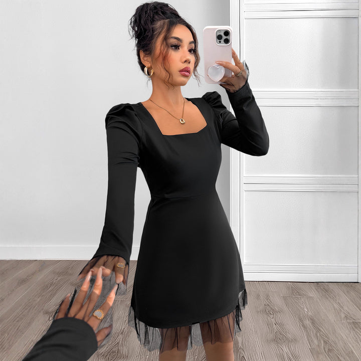 Damen Elegantes Kleid mit Puffärmeln und transparentem Saum Drune