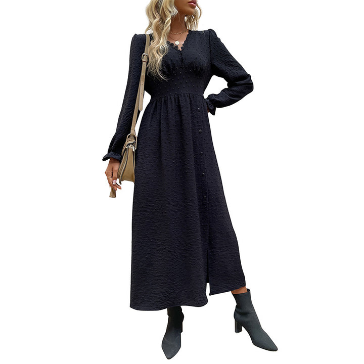 Damen Midikleid mit strukturierter Tupfen-Optik, V-Ausschnitt und tailliertem Empire-Schnitt Drune