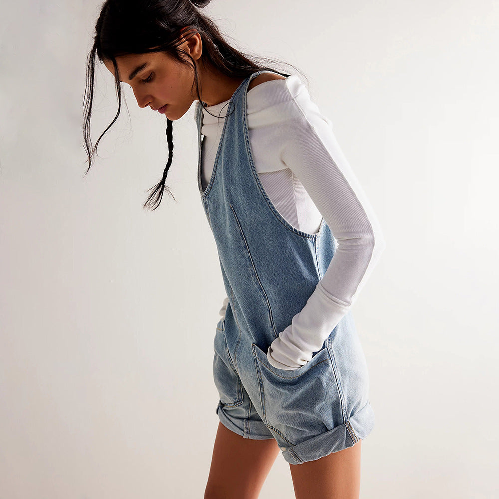 Drune | Gewaschene Denim Adjustable Strap Shorts Jumpsuit
