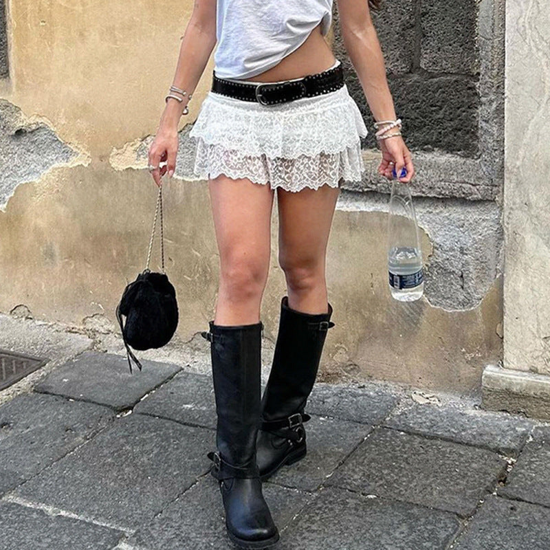 Damen romantischer Spitzenrock mit Rüschendetails und Satinband Drune