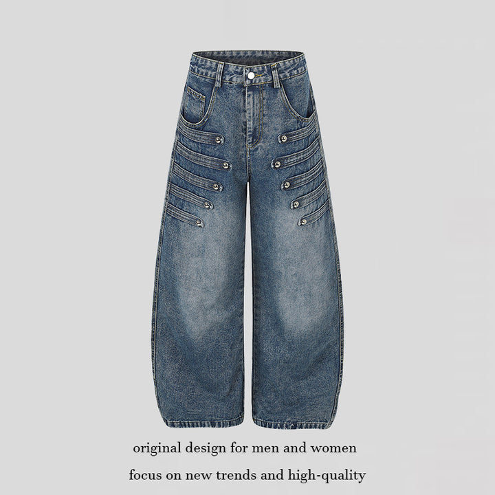 Damen Weite Denim-Palazzo-Jeans mit dekorischen Riegelnähten und Zierknopf-Details Drune