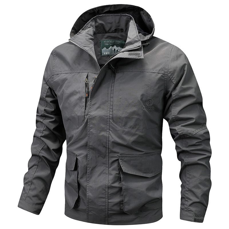 Herren Technische leichte Outdoorjacke mit Kapuze wasserabweisend und Multifunktionstaschen Drune