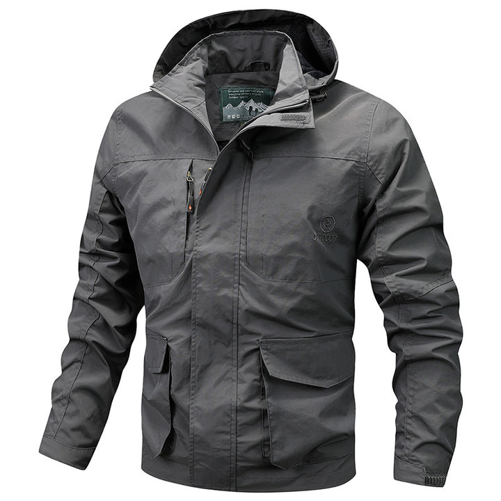 Herren Technische leichte Outdoorjacke mit Kapuze wasserabweisend und Multifunktionstaschen Drune