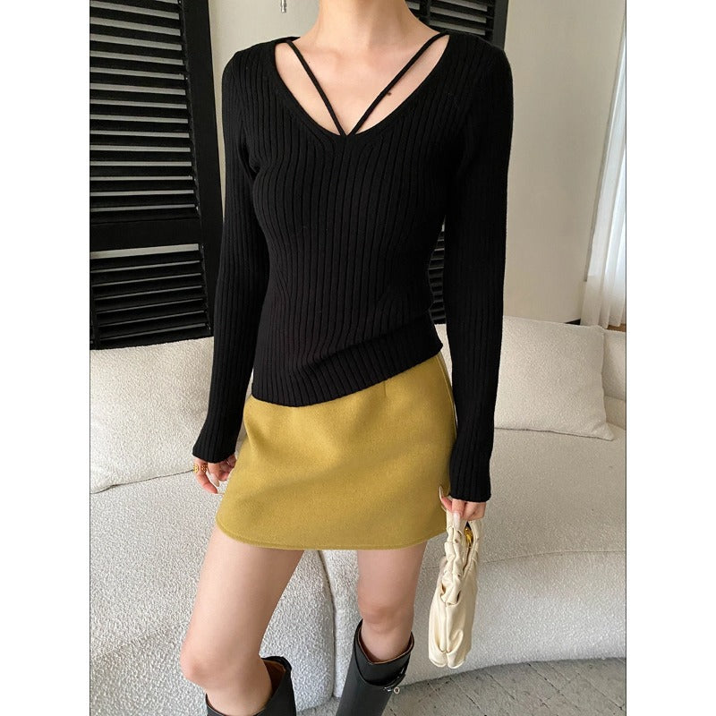 Damen figurbetontes Rippstrickpullover mit V-Ausschnitt und langen Ärmeln Drune