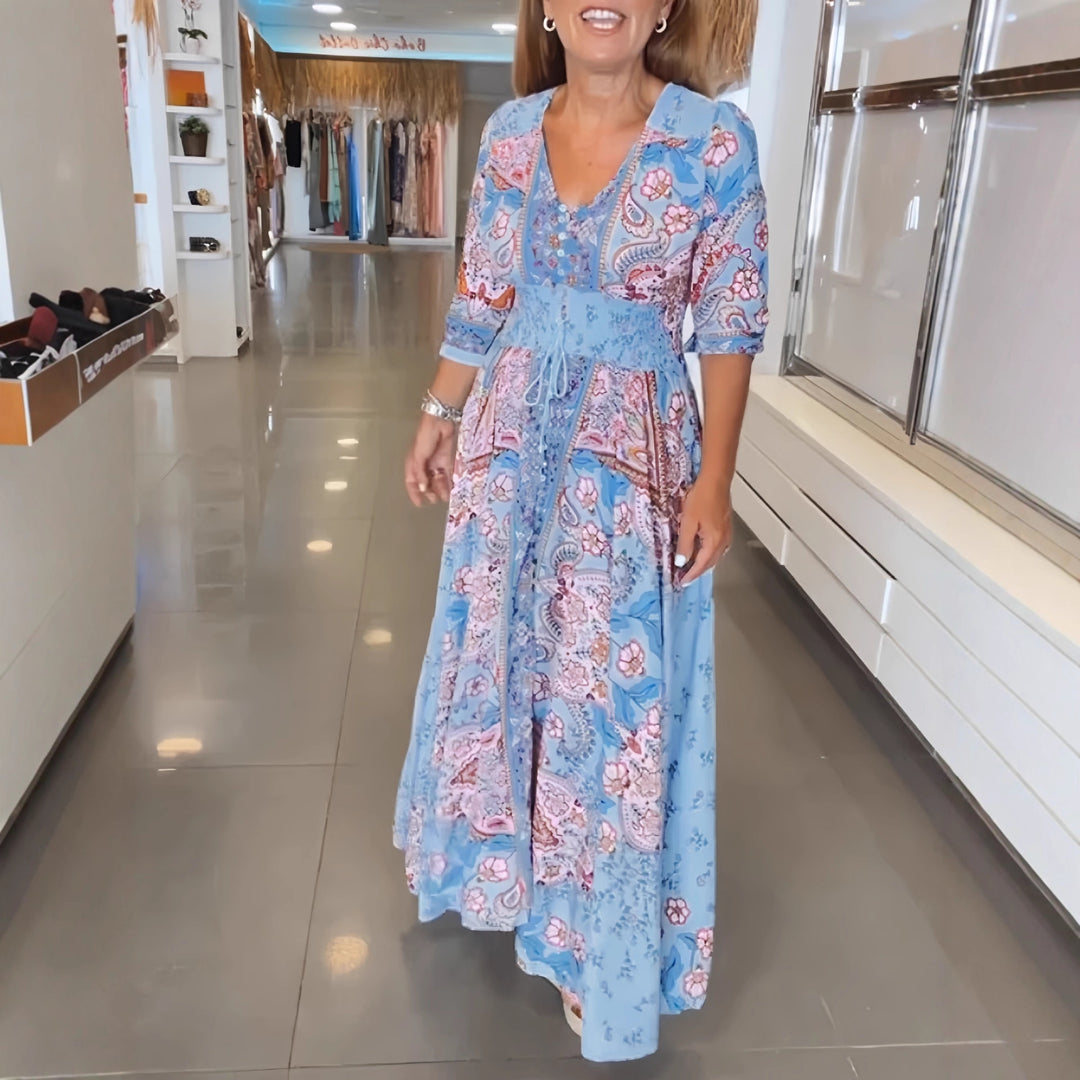 Damen Maxikleid mit Paisley‑Print, V‑Ausschnitt, Smok‑Taillenband und 3/4‑Ärmeln Drune