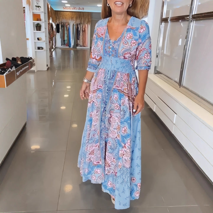 Damen Boho-Maxikleid mit V-Ausschnitt, Knopfleiste und Smokbund Drune