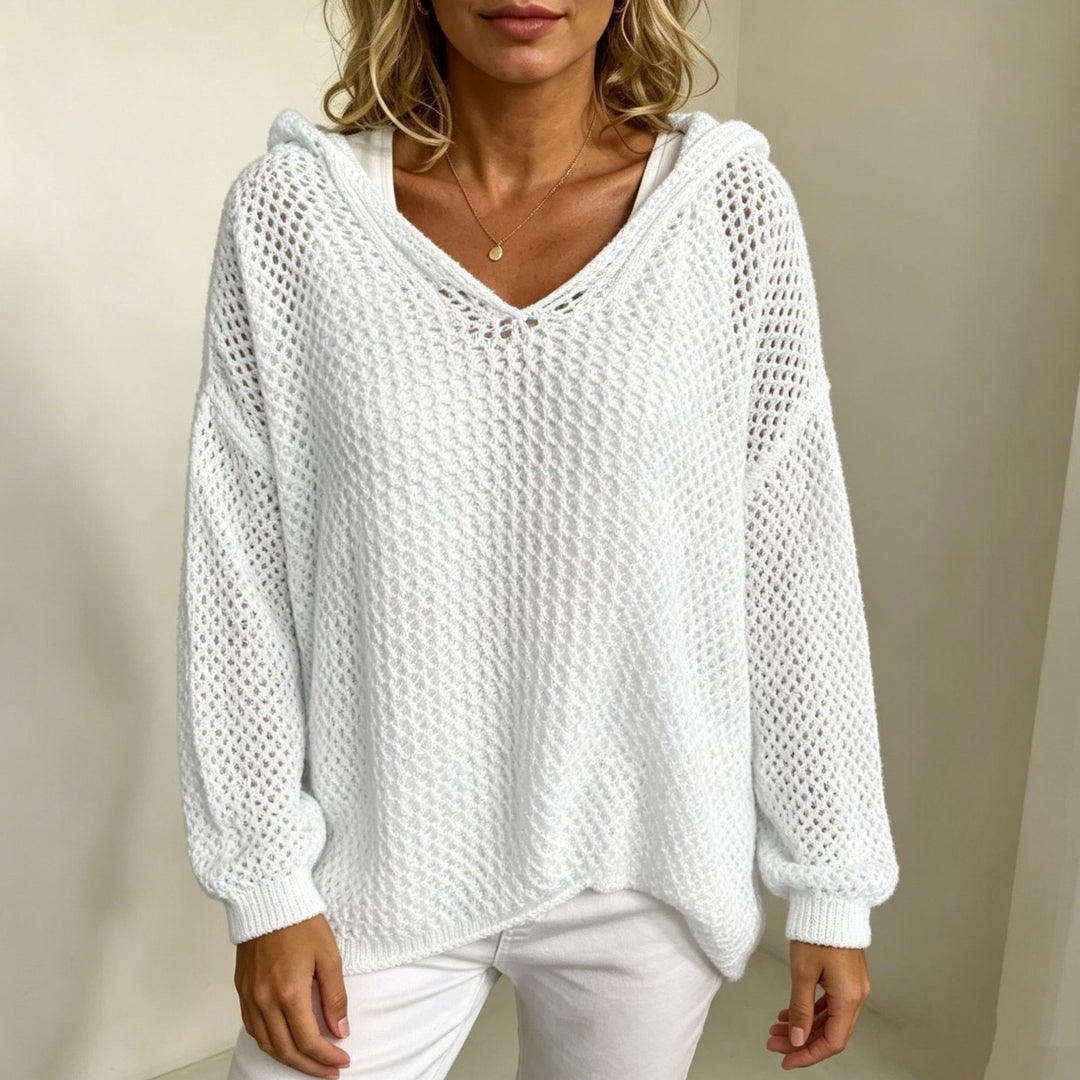 Damen Grobgestrickter V-Ausschnitt-Pullover mit Kapuze und Lochmuster Drune
