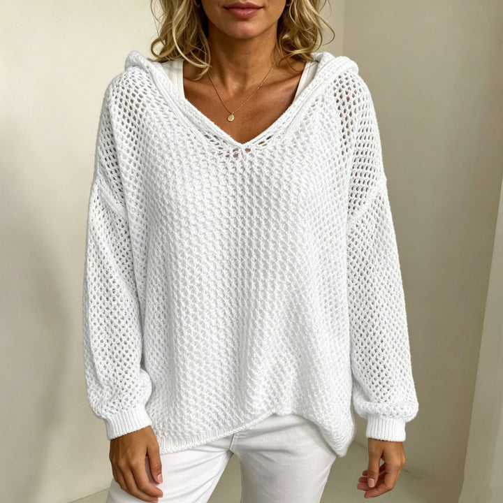 Damen Grobgestrickter V-Ausschnitt-Pullover mit Kapuze und Lochmuster Drune