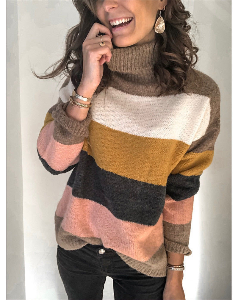 Damen Oversize Rollkragenpullover mit breiten Blockstreifen und weichem Strick Drune
