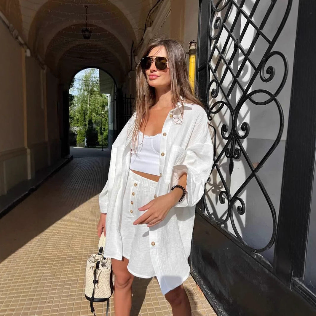 Damen lässiges Kurzarm-Set mit oversized Hemd und bequemen Shorts
