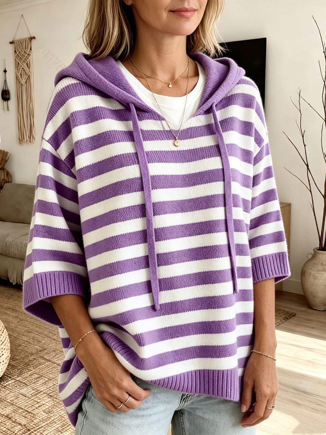 Damen Lässiger gestreifter Kapuzen-Poncho aus weichem Feinstrick mit halblangen Ärmeln Drune