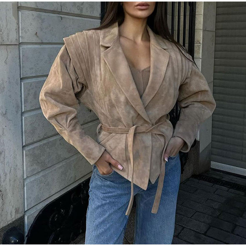 Damen Modischer Blazer mit geglätteten Schulterdetails und Bindegürtel Drune
