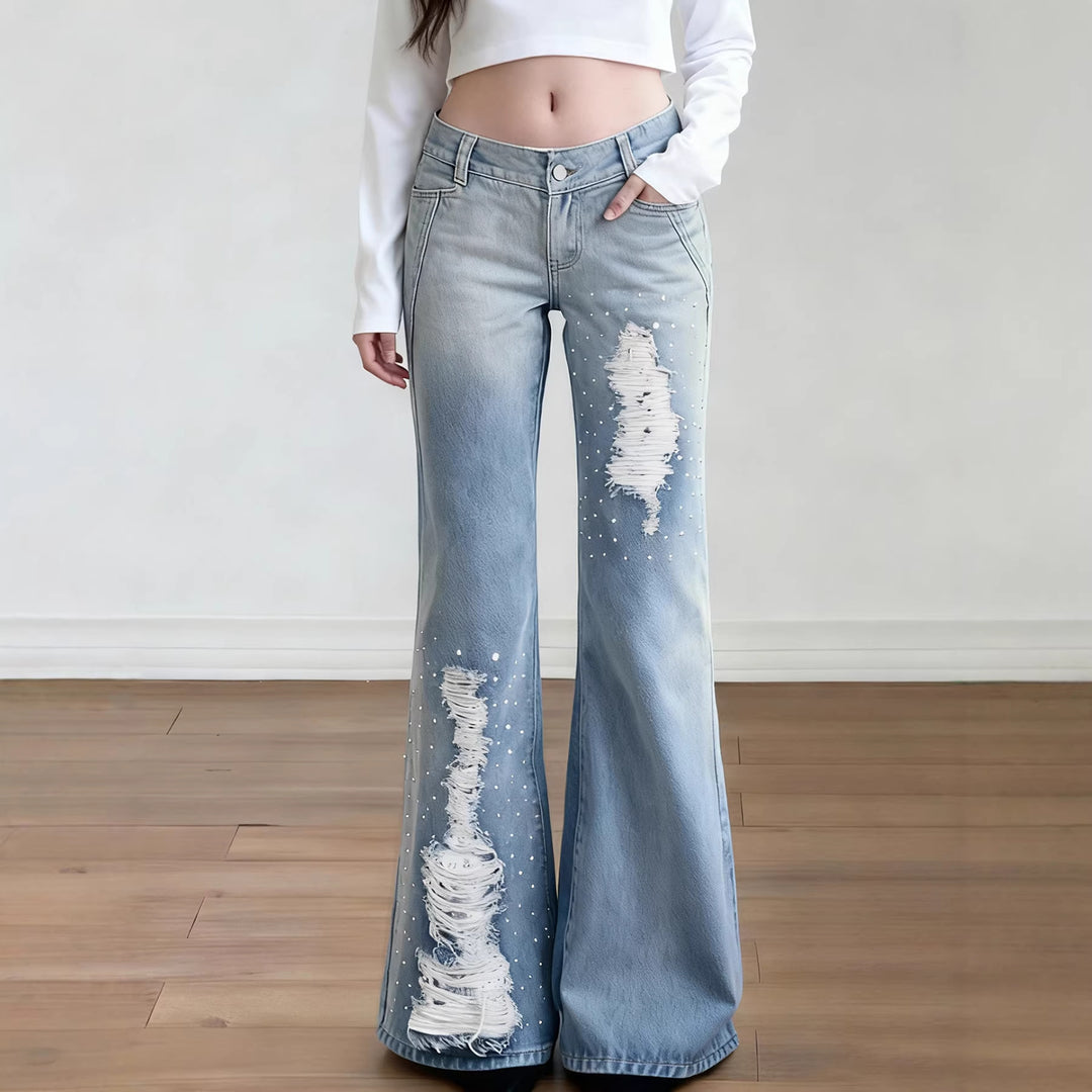 Damen Weite Schlagjeans mit hoher Taille, ausgefransten Rissen und Perlenapplikation Drune