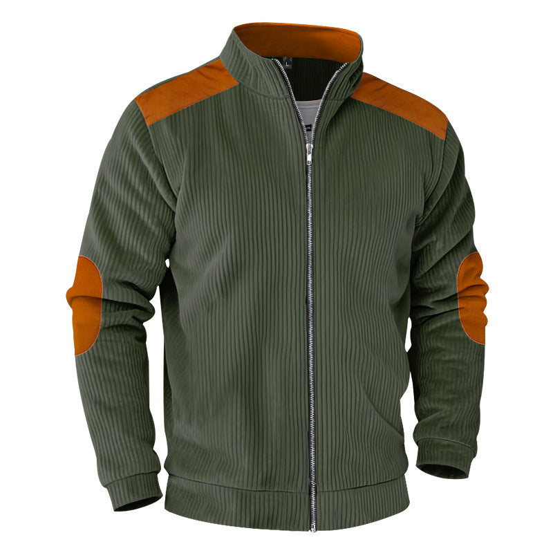 Herren nan gerippte Stehkragen-Sweatjacke mit durchgehendem Reißverschluss, Schulter- und Ellbogen-Patches Drune