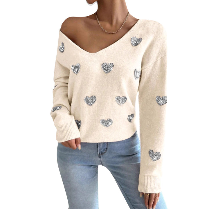 Damen Oversized Pullover mit tiefem V-Ausschnitt und Herzmotiv Drune