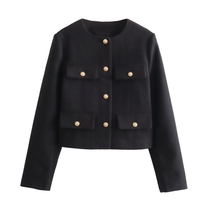 Damen nan kurz geschnittene Bouclé-Tweedjacke mit Rundhalsausschnitt Zierknopfdetails und aufgesetzten Pattentaschen Drune