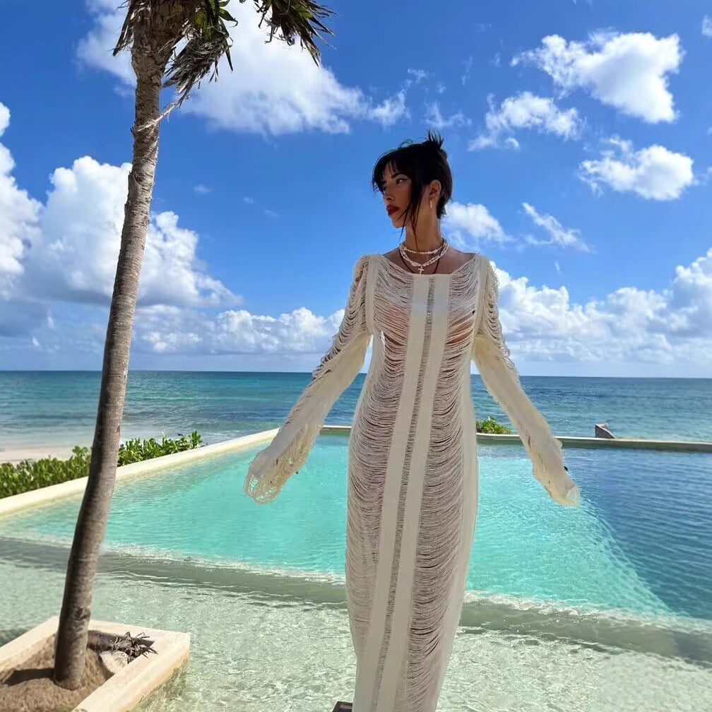 Damen elegantes Strandkleid mit raffinierten Fransen und transparenten Elementen Drune
