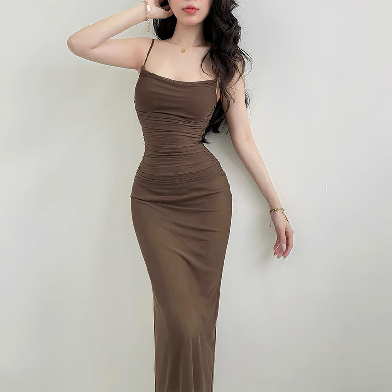 Damen elegantes Maxikleid mit raffinierten Rüschendetails und schmalen Spaghettiträgern Drune