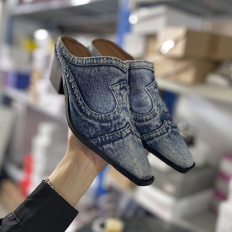 Damen nan Jeans-Slipper mit spitzer Zehenkappe, fransiger Kantenverarbeitung und mittelhohem Blockabsatz Drune