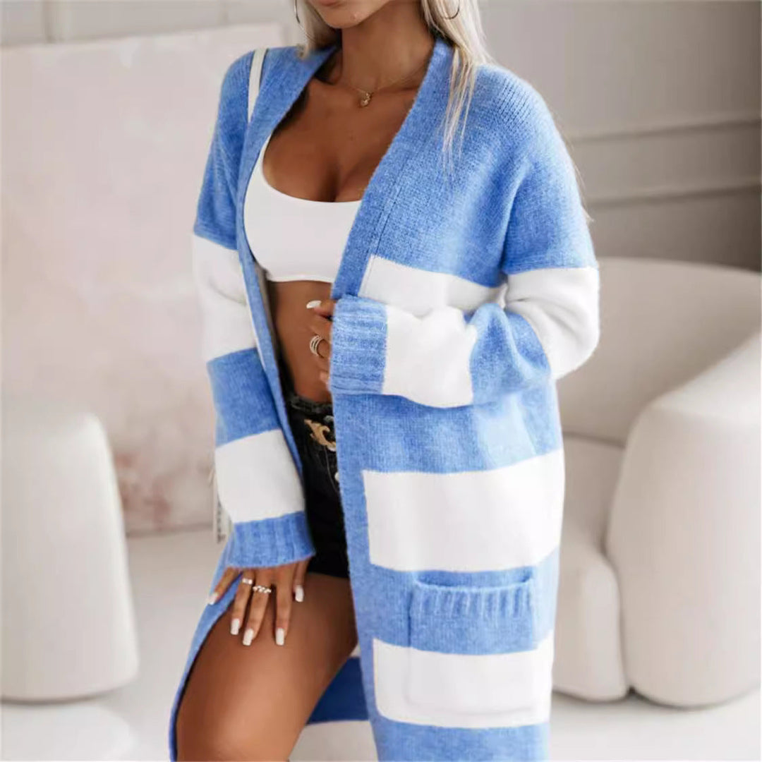 Damen lässiger Strickmantel mit großen Streifen Drune