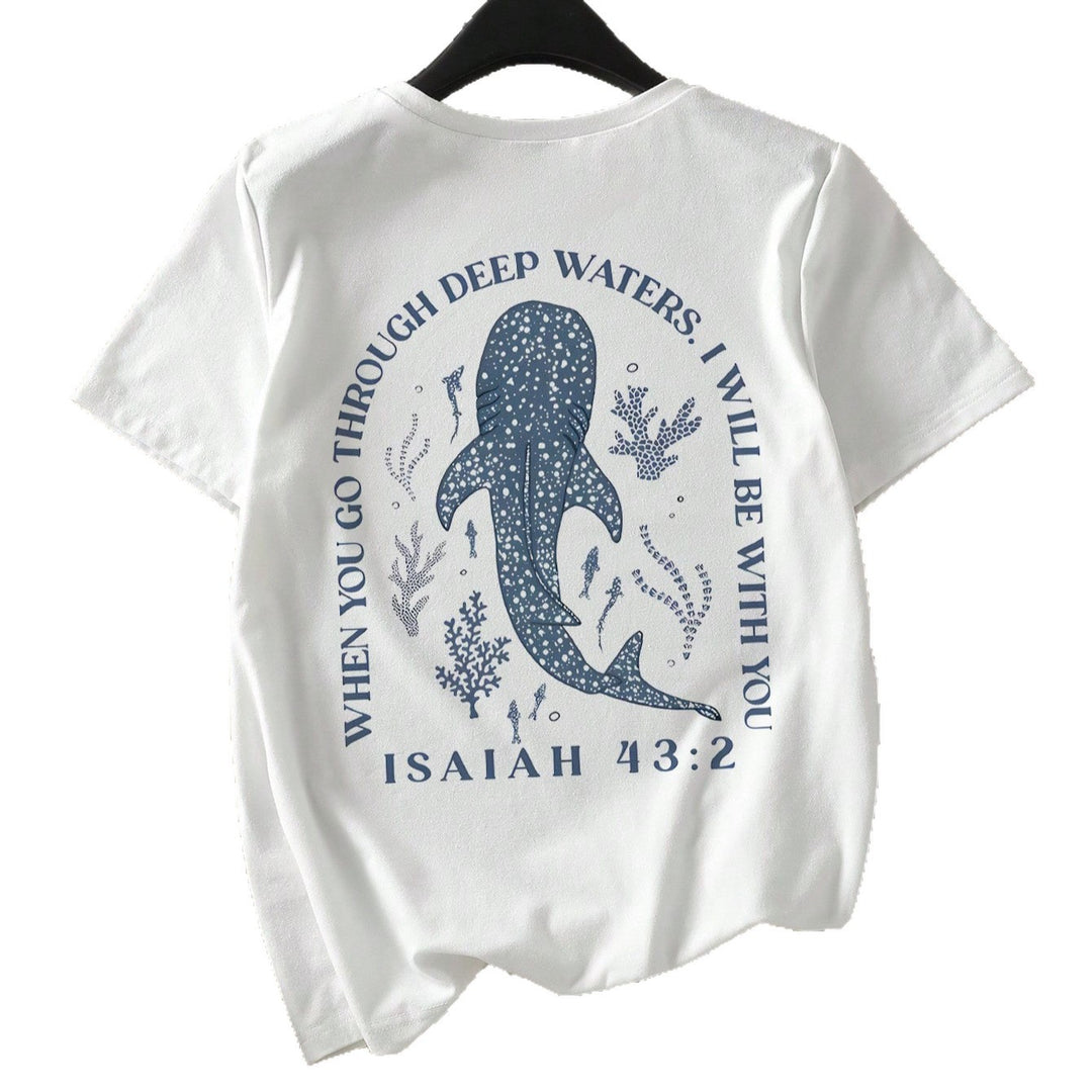 Damen T-Shirt mit kreativem Wahlspruch und kunstvollem Hai-Motiv Drune