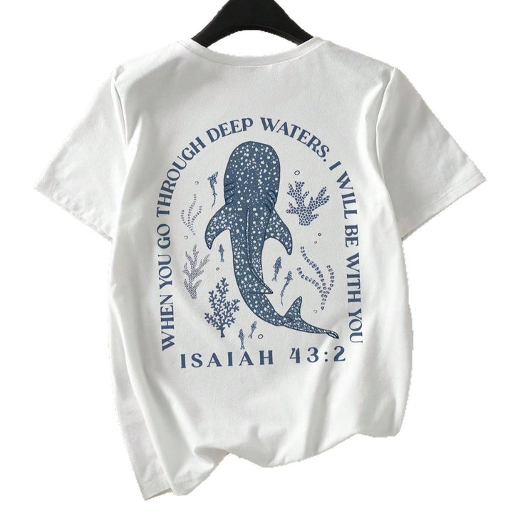 Damen T-Shirt mit kreativem Wahlspruch und kunstvollem Hai-Motiv Drune