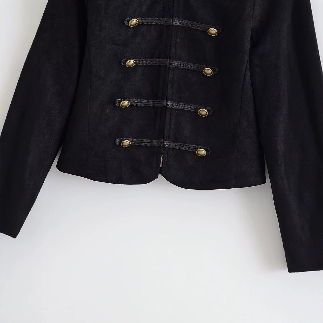 Damen Militärjacke kurz geschnitten mit Zierknöpfen und Stehkragen Drune