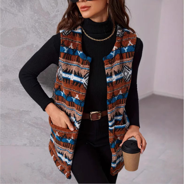 Damen Weste im Ethno-Look mit Taschen und weichem Material Drune