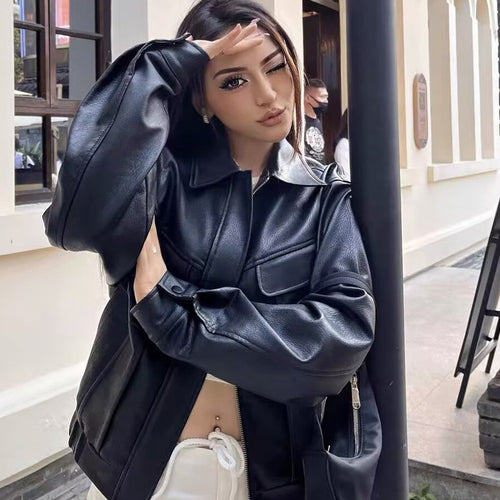 Damen Kurz geschnittene Kunstlederjacke im Boxy Cut mit voluminösen Ballonärmeln Drune
