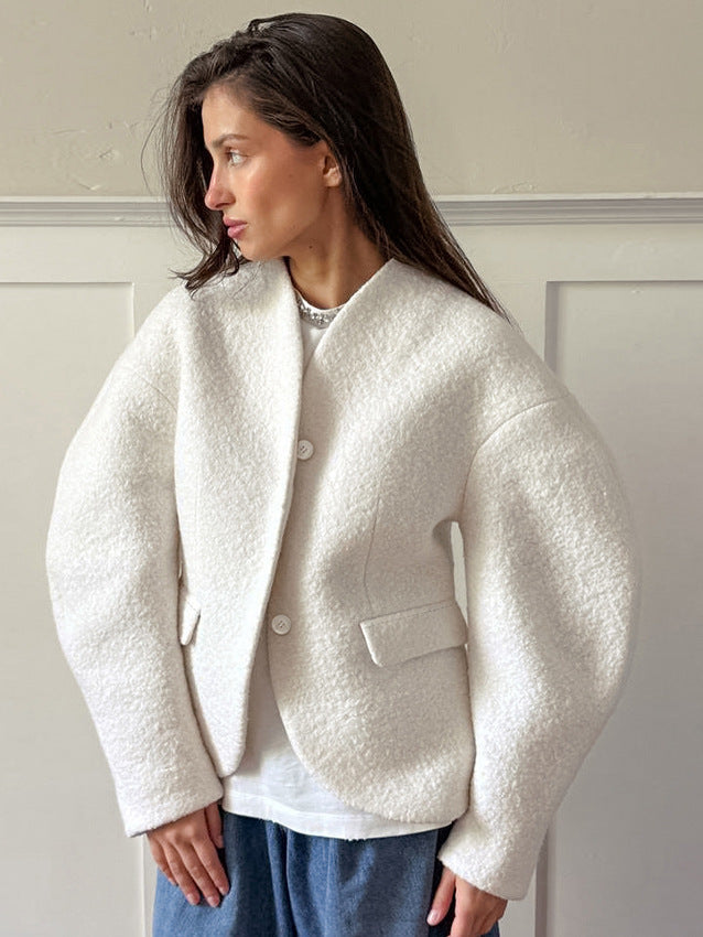 Damen Kurzjacke im Bouclé-Stil mit Oversize-Ärmeln und Pattentaschen Drune