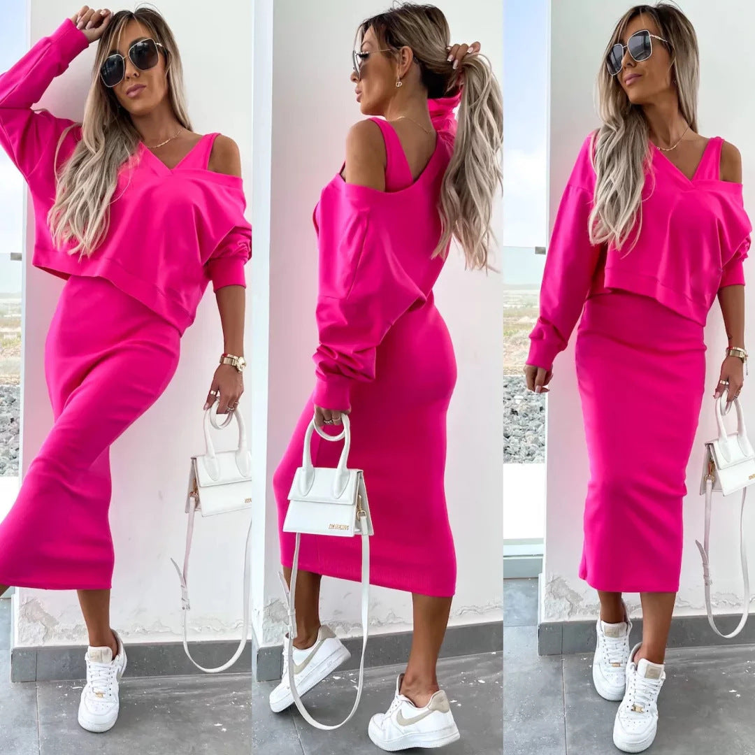 Damen nan zweiteiliges Midirock-Set mit off-shoulder Oversize-Sweatshirt und figurbetontem Bleistiftrock Drune