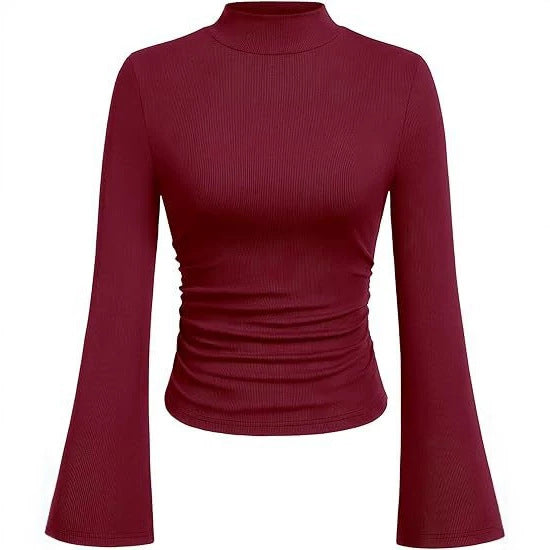 Damen Geripptes Langarm-Top mit Stehkragen, Trompetenärmeln und tailliertem Schnitt Drune