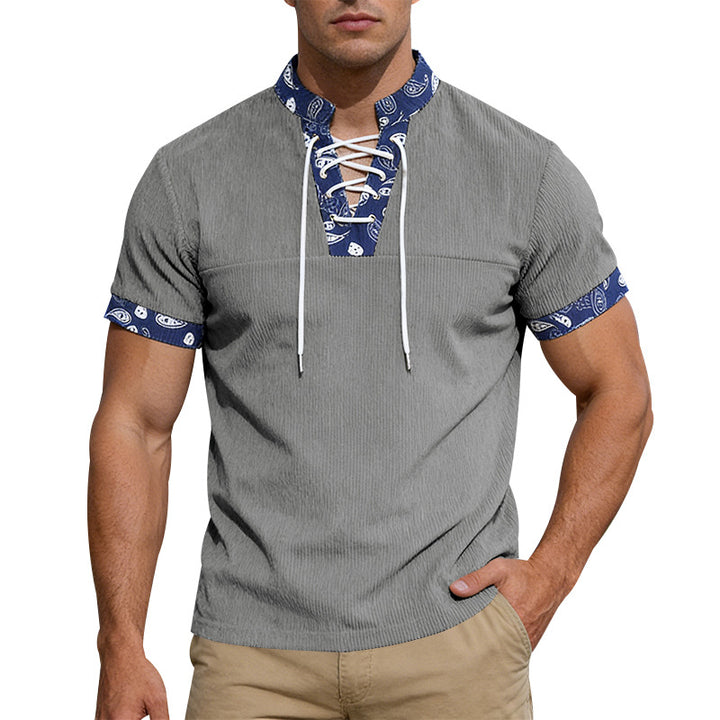 Herren nan Kurzarm-Schnürshirt mit Bandana-Besatz und strukturierter Jerseyqualität Drune