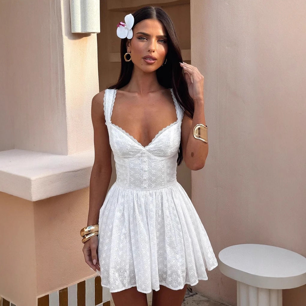 Damen Verspieltes Kurzkleid mit filigranem Spitzenmuster und elegantem V-Ausschnitt Drune