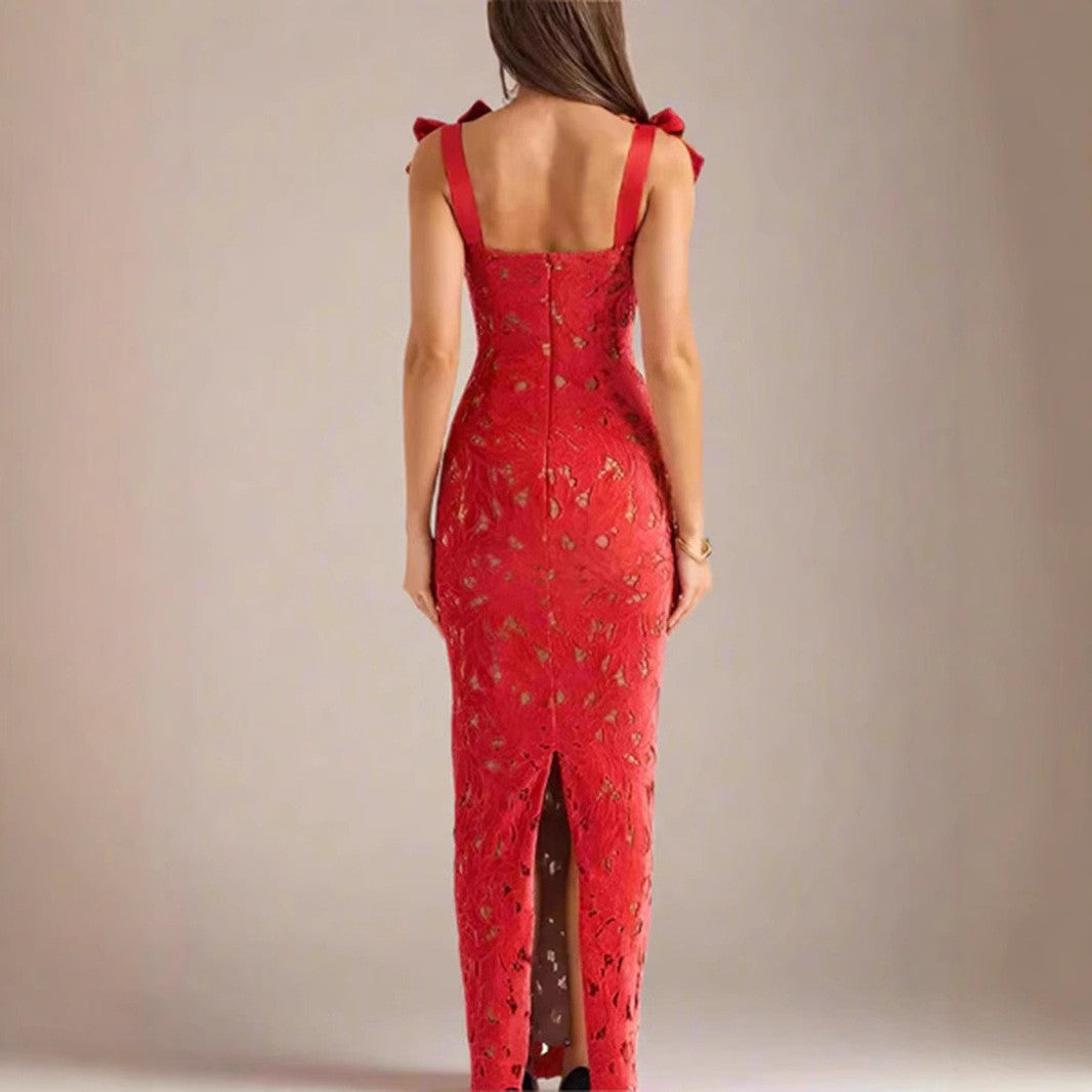Damen Elegantes Spitzenkleid mit Schleifenärmel Drune