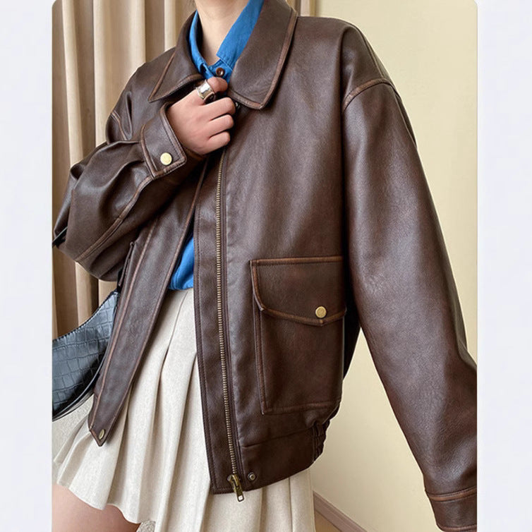 Damen Oversized-Kunstlederblouson mit Hemdkragen, aufgesetzten Pattentaschen und verdeckter Reißverschlussleiste Drune