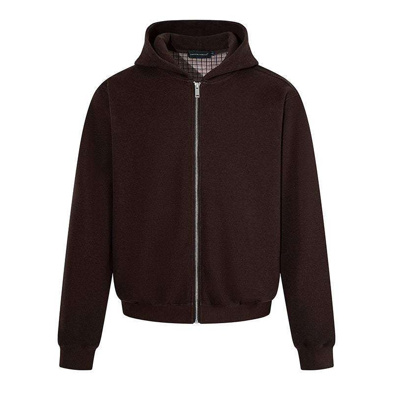 Herren Kapuzen‑Sweatjacke mit karierter Kapuzenfütterung, Metallreißverschluss und geripptem Saum Drune