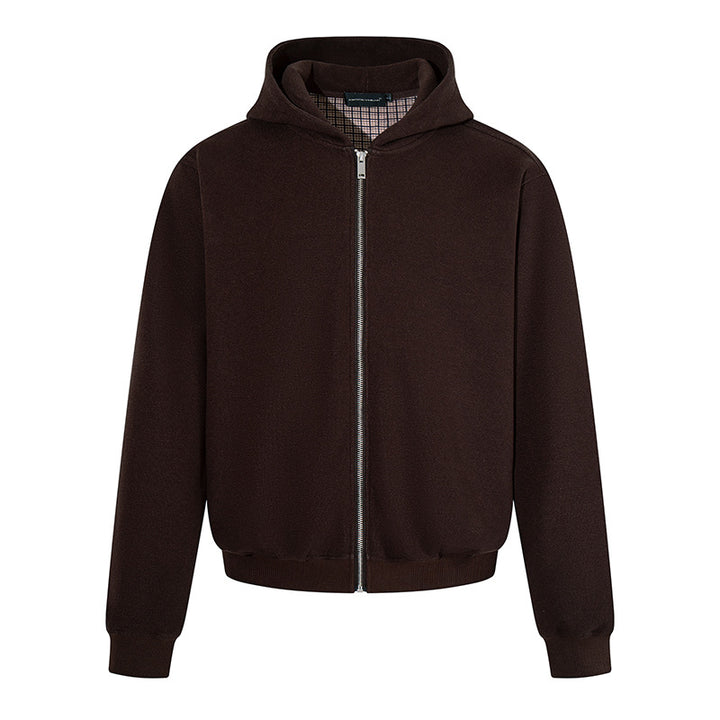 Herren Kapuzen‑Sweatjacke mit karierter Kapuzenfütterung, Metallreißverschluss und geripptem Saum Drune