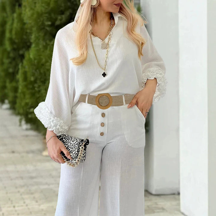 Damen Hochtaillierte Palazzo-Hose mit Knopfblende und Eingrifftaschen Drune