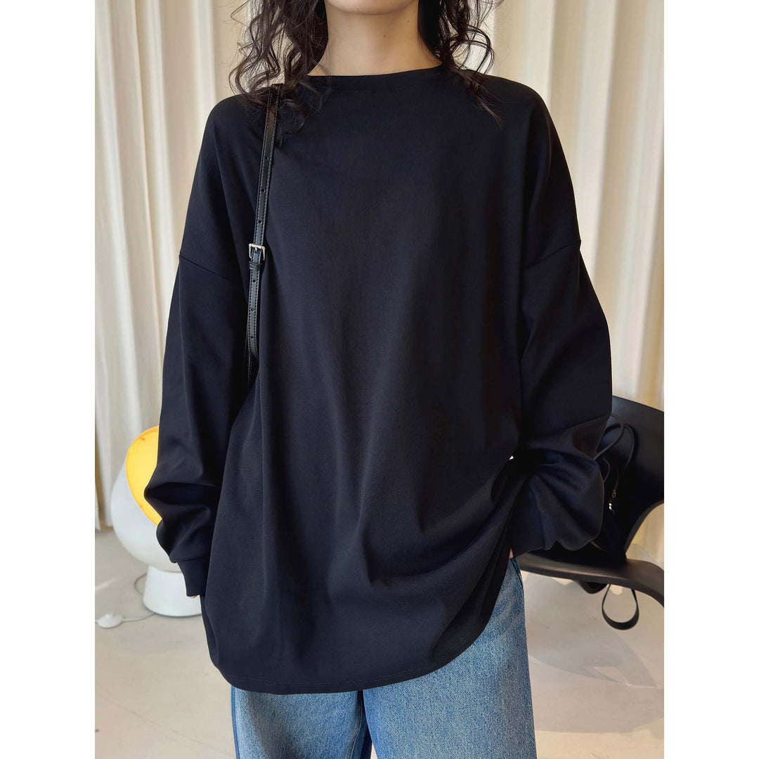 Damen Relaxed-Longsleeve mit überschnittener Schulter und feinem Rundhalsausschnitt Drune