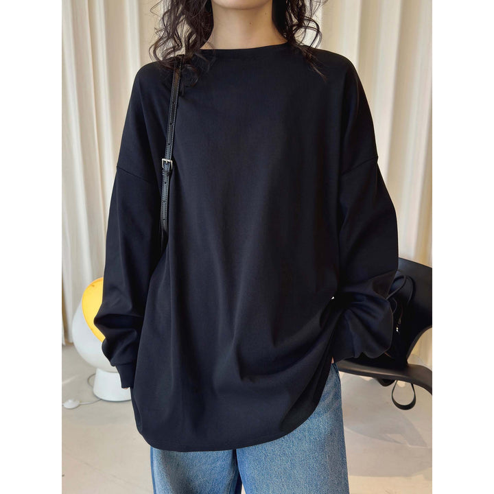 Damen Relaxed-Longsleeve mit überschnittener Schulter und feinem Rundhalsausschnitt Drune