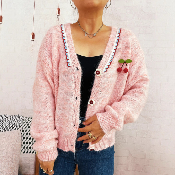 Damen kuschelige Strickjacke mit verspieltem Blütenmuster und Knopfdetails Drune