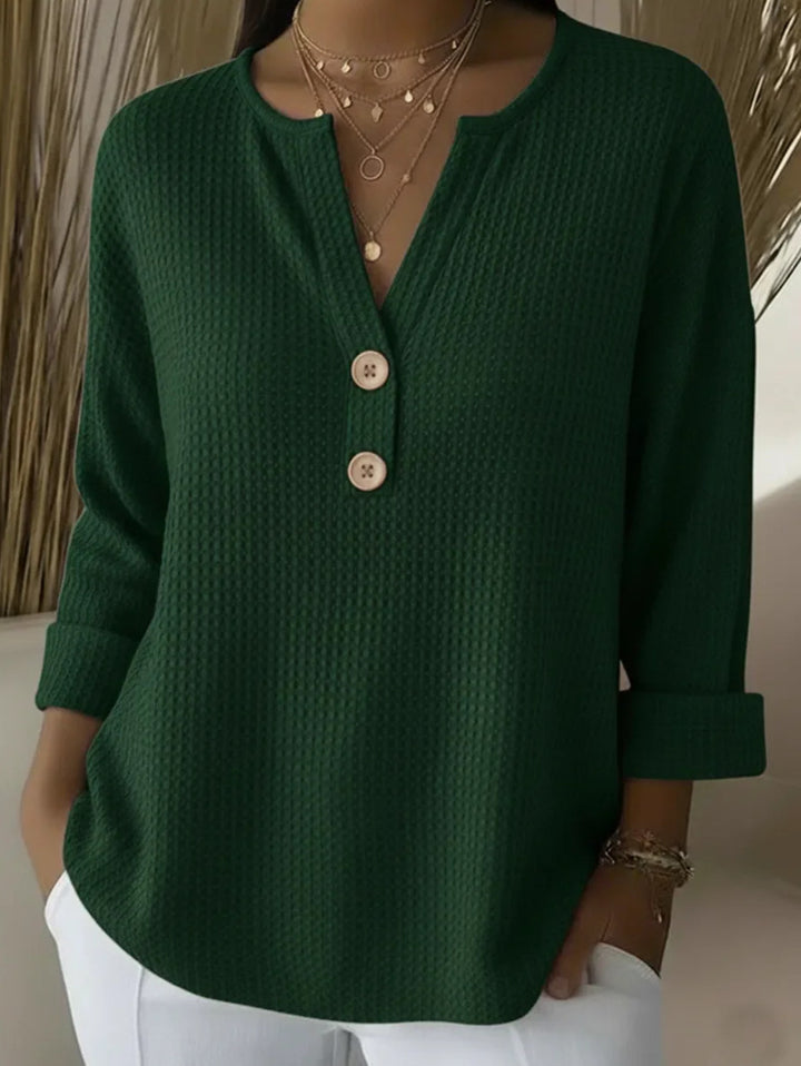 Damen nan Waffelstruktur Henley-Shirt mit V-Ausschnitt kurze Knopfleiste und krempelbaren 3/4-Ärmeln Drune